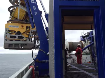 The ROV is deployed by a specialised hydraulic system off the starboard