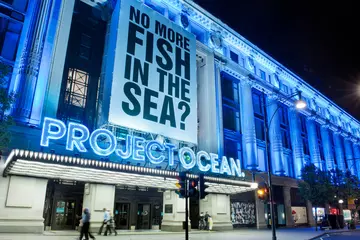 The Selfridges window display for Project Ocean which reads No More Fish in the Sea?