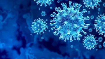 Blue image with floating viruses