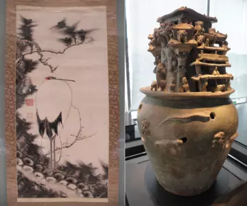 Left, 'White Crane in Pine Tree', Ito Jakuchu, 18th century. Tokyo National Museum, Japan. Right, ceramic funerary urn, or ‘spirit jar/hun ping’, with animals