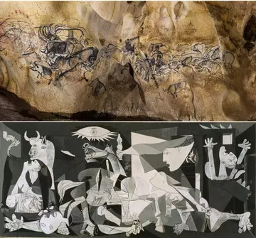 Top, 'Lion Panel', c.30,000 B.C. Chauvet-Pont d’Arc Cave, Centre National de Préhistoire, France. Bottom, 'Guernica', Pablo Picasso