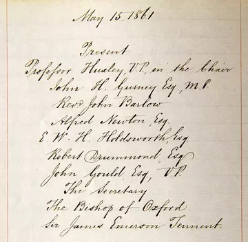 Huxley and Wilberforce serve together on Council - entry from 1861 Council Minutes.