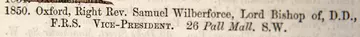 Bishop of Oxford, Samuel Wilberforce's entry in ZSL's Fellowship Lists.