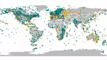 Map showing the locations of the populations in the LPI monitored in specific locations. Newly added populations since the Living Planet Report 2018 are highlighted in orange, or in red for species new to the LPI.