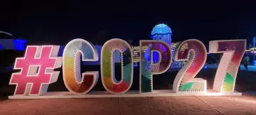 The large #COP27 sign outside the conference in Egypt