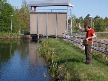 Dr Adam Piper using a radio attenae to track eels on a river bed.jpg