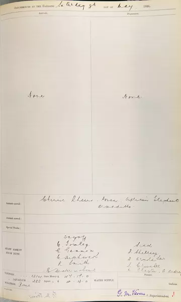 photo of page from London Zoos daily log book