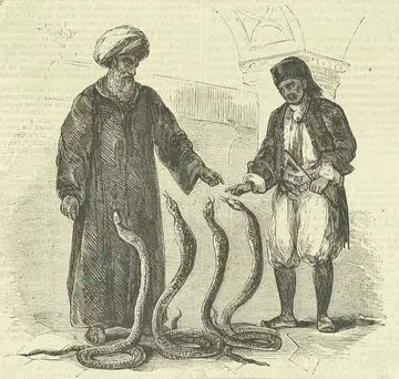 Drawing of London Zoo snakecharmers Jabar Abou Maijab and Mohammed Adu Nescian