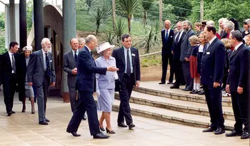 The Queen opening the Millennium Conservation Centre with members of Council in attendance, pictured here including Martin Holdgate, with Prince Philip in the background