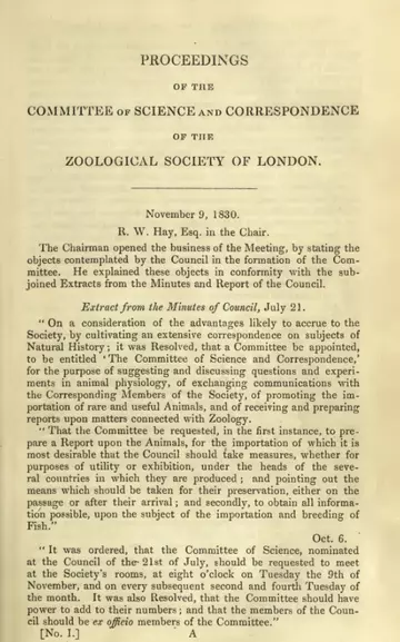 First page of the Proceedings of the Zoological Society of London, a prestigious journal that helped launch thousands of research careers