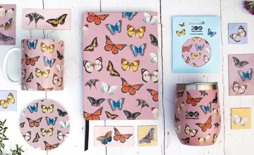 A selection of items, including a coaster, mug and notebook, with a butterfly design on them