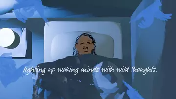 An illustration of a child asleep in bed with the line 'lighting up waking minds with wild thoughts' written across