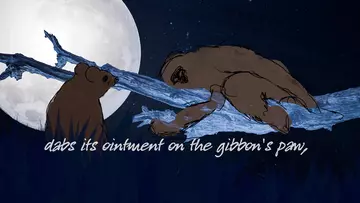 An illustration of two gibbons on the branch with the moon in the background