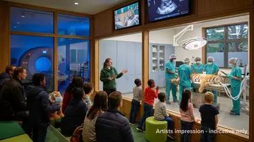 An artists impression of a visitor viewing window with visitors watching a veterinary procedure
