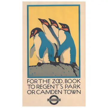 The London Zoo and TfL poster with four penguins on it with a yellow background