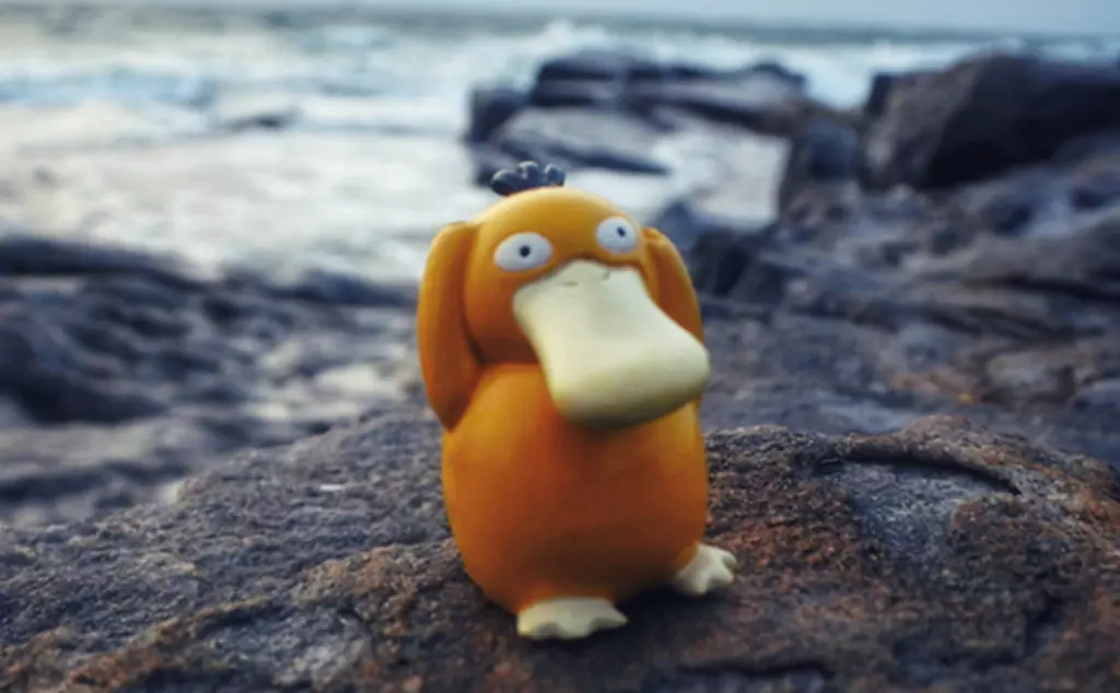 Psyduck toy on a rock