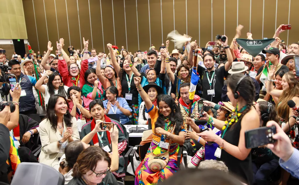 Indigenous People and Local Communities groups celebrating in a hall at COP16