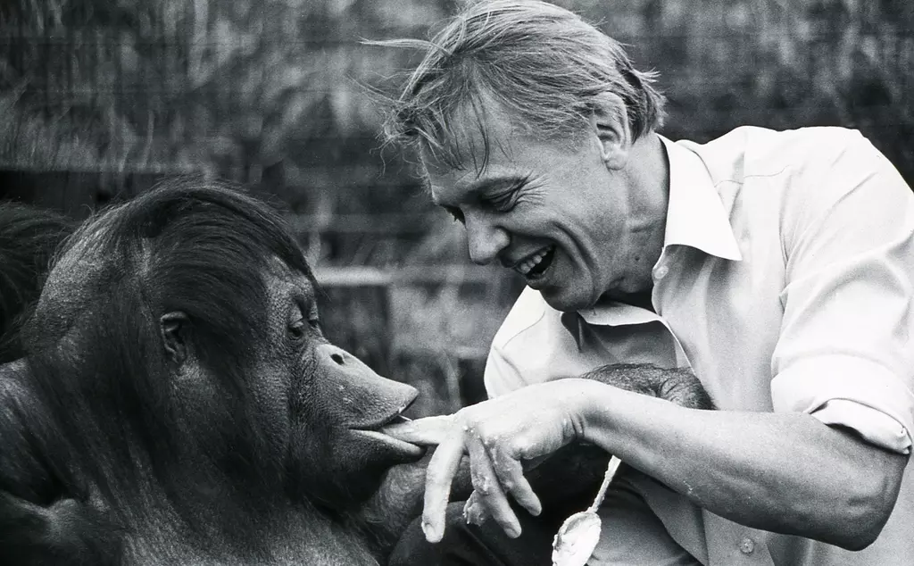 A black and white photograph of David Attenborough and Bulu the orangutan