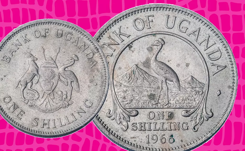 19.	Uganda 1 Shilling, 1966 - a crane on both sides