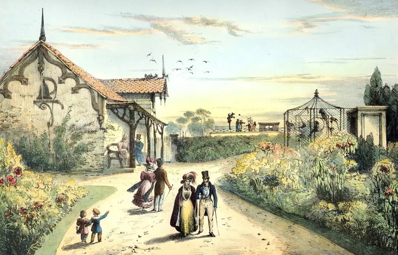 London Zoo in 1830s, ravens cage which is still around today seen in background