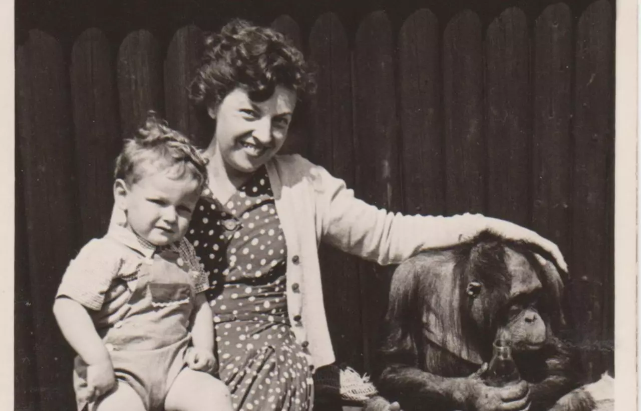 A black and white photograph of a mother and son with an orangutan