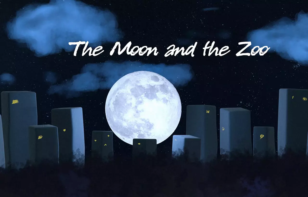 The moon on a dark background with the words The Moon and the Zoo