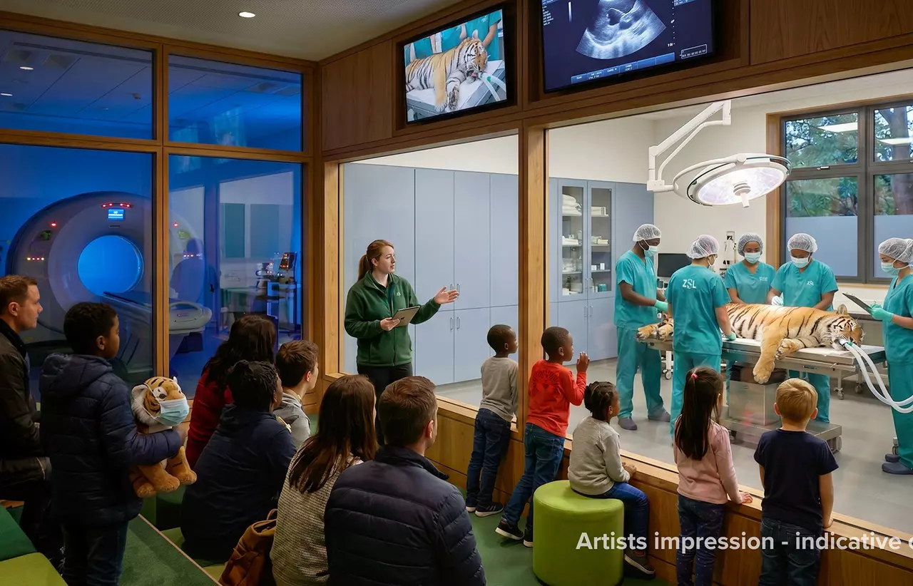 An artists impression of a visitor viewing window with visitors watching a veterinary procedure