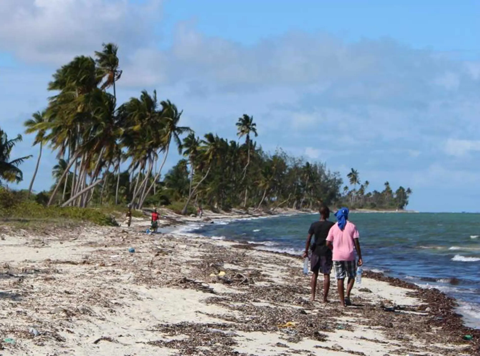 Two people seen from behind walking along the shore of a beach in Mozambique