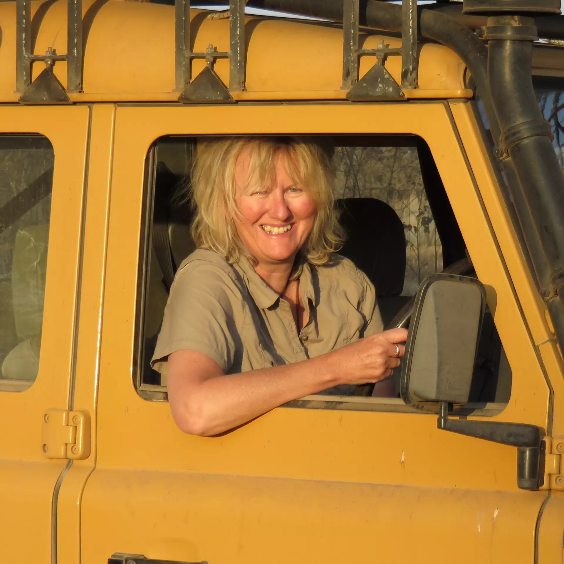 Sarah Durant portrait in a safari van