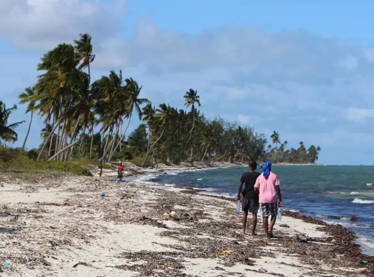 Two people seen from behind walking along the shore of a beach in Mozambique