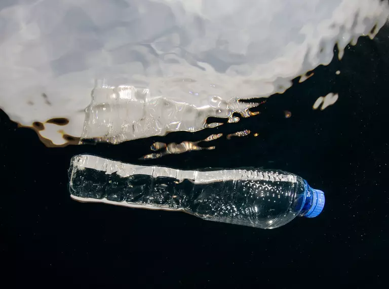 A clear plastic bottle in water