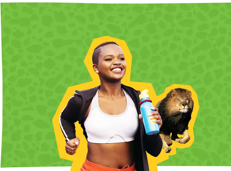 A graphic of a woman running alongside a lion for Around the World