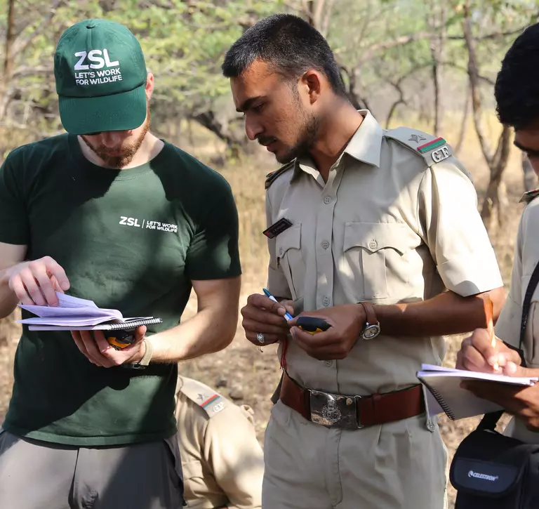 ZSL conservationist discussing with two rangers in Gir Forest