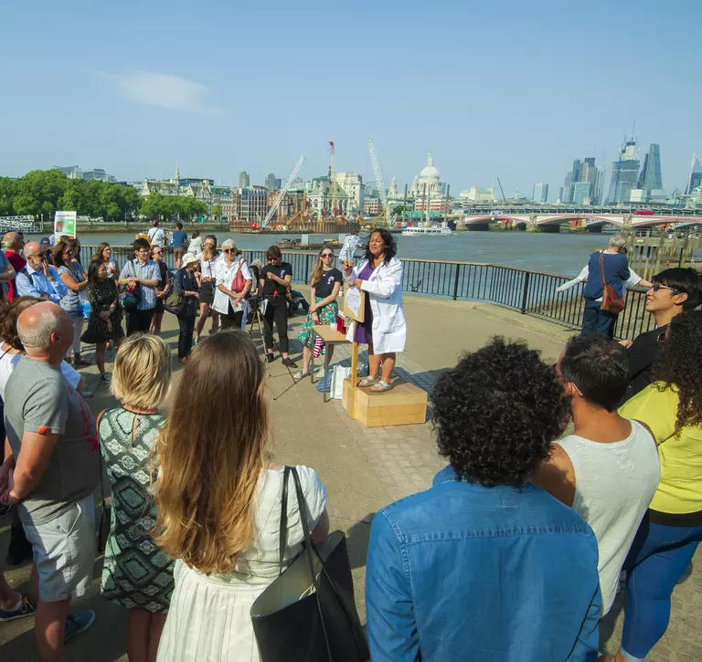 soapbox science display by river thames with crowd
