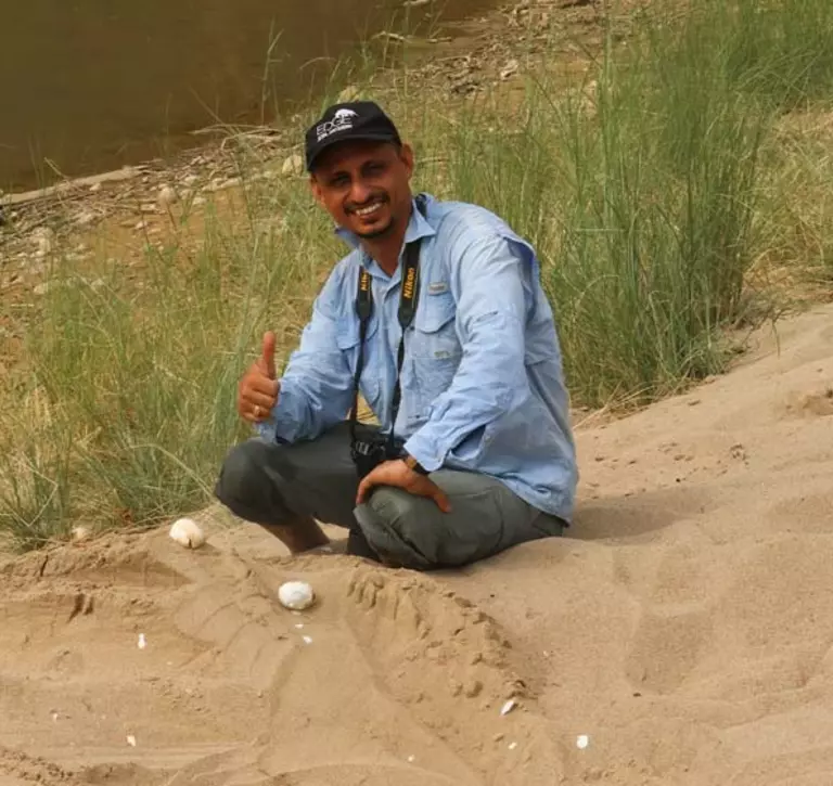 Ashish Bashyal near one of the gharial nests
