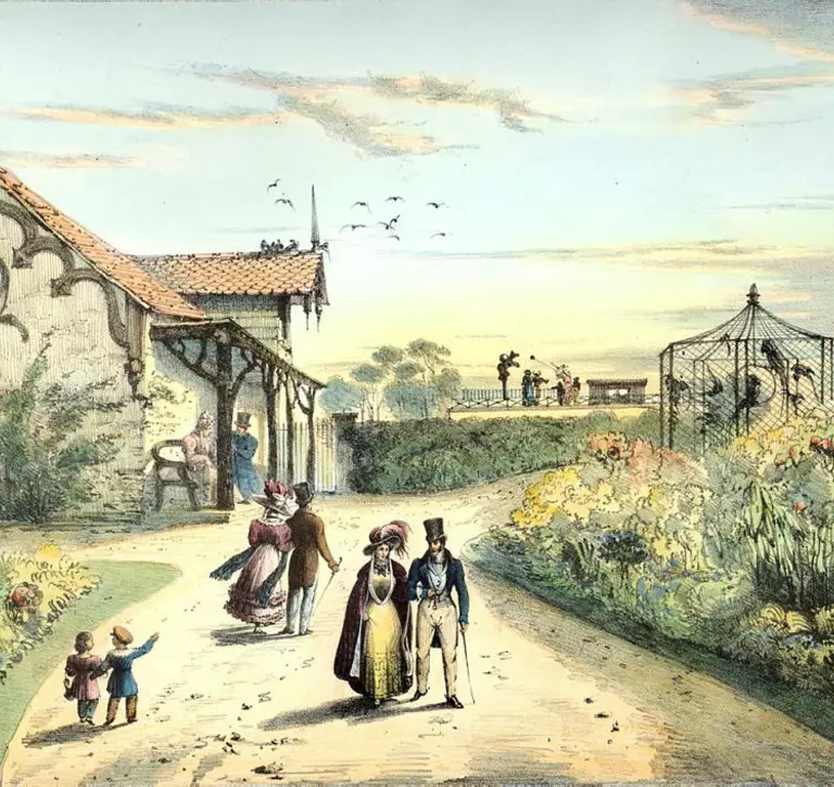 London Zoo in 1830s, ravens cage which is still around today seen in background