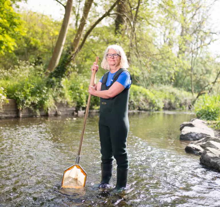 Citizen science volunteer wading in river with fishing net