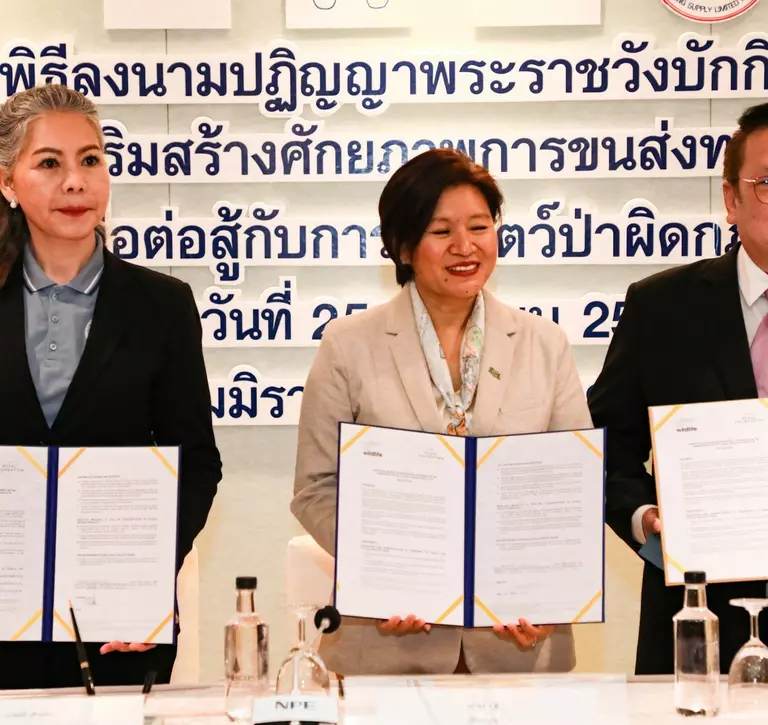People standing presenting signed declaration to tackle illegal wildlife trade in Thailand
