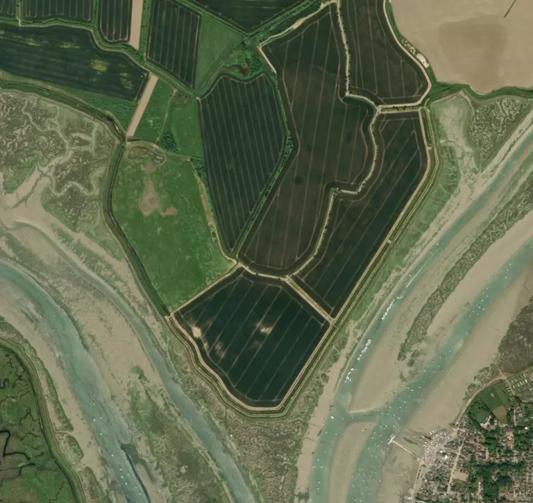 Satellite image showing an agricultural landscape where saltmarsh once was