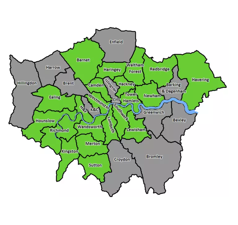 Map of London's boroughs with those surveyed in green 